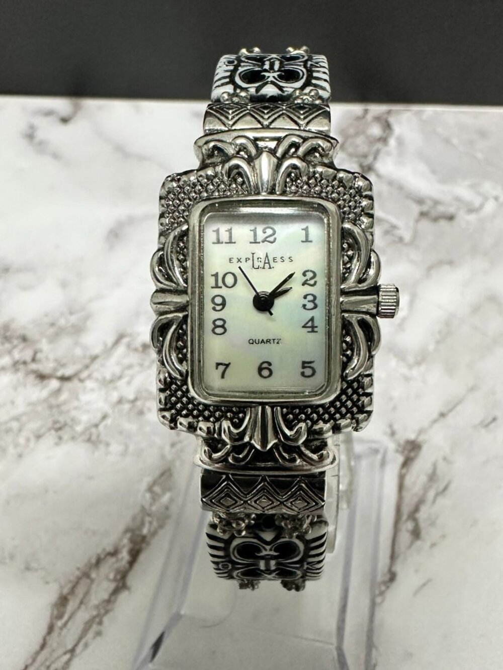LA Express Watch Women Silver Tone MOP Dial Decorative Band New Battery 7.75"